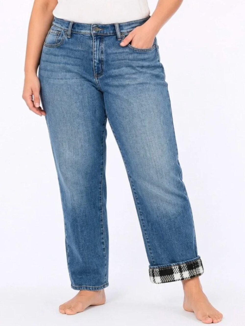 Eddie Bauer Women's Boyfriend Jeans Fleece Lined Plaid Cuff Relaxed Denim 14